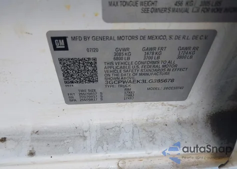 2020 Chevrolet Silverado 1500 2Wd Standard Bed Wt z USA, uszkodzony, nr VIN 3GCPWAEK3LG385678